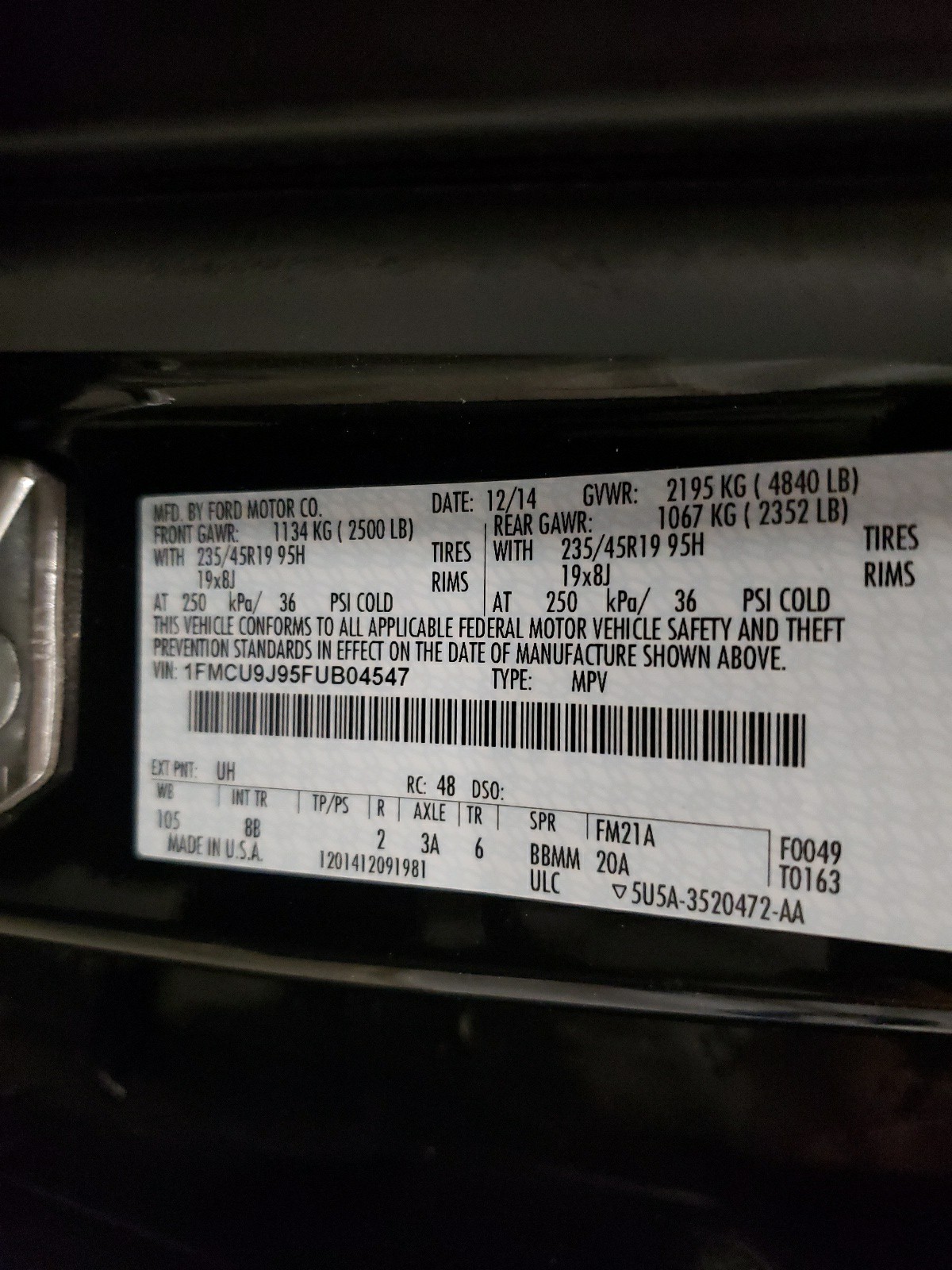 1FMCU9J95FUB04547 2015 Ford Escape Titanium