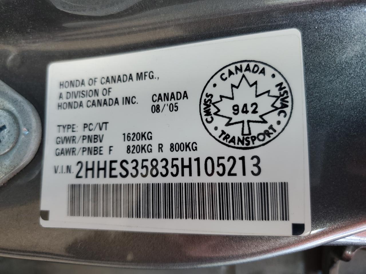 2005 Acura 1.7El Premium VIN: 2HHES35835H105213 Lot: 59716514