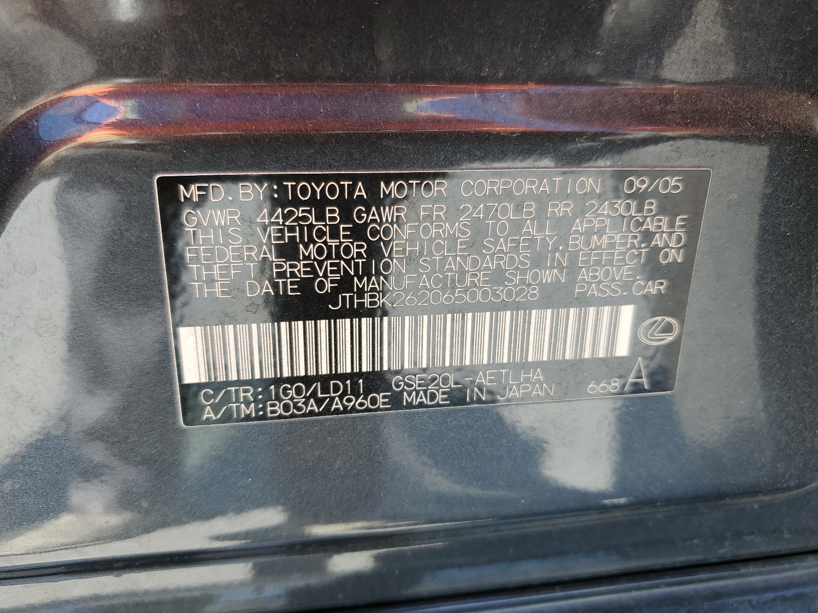 JTHBK262065003028 2006 Lexus Is 250