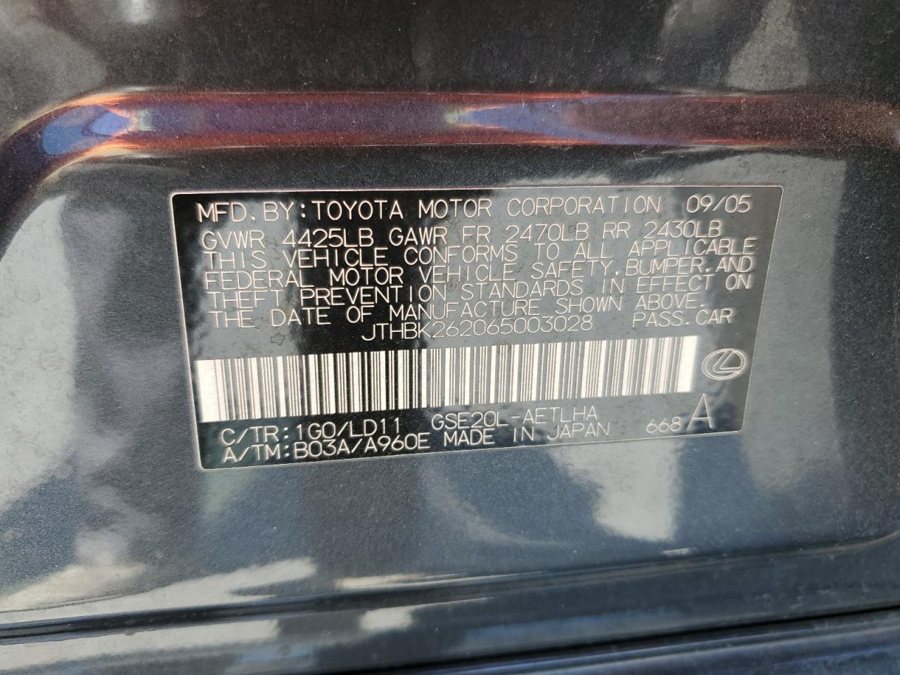 2006 Lexus Is 250 VIN: JTHBK262065003028 Lot: 59238394