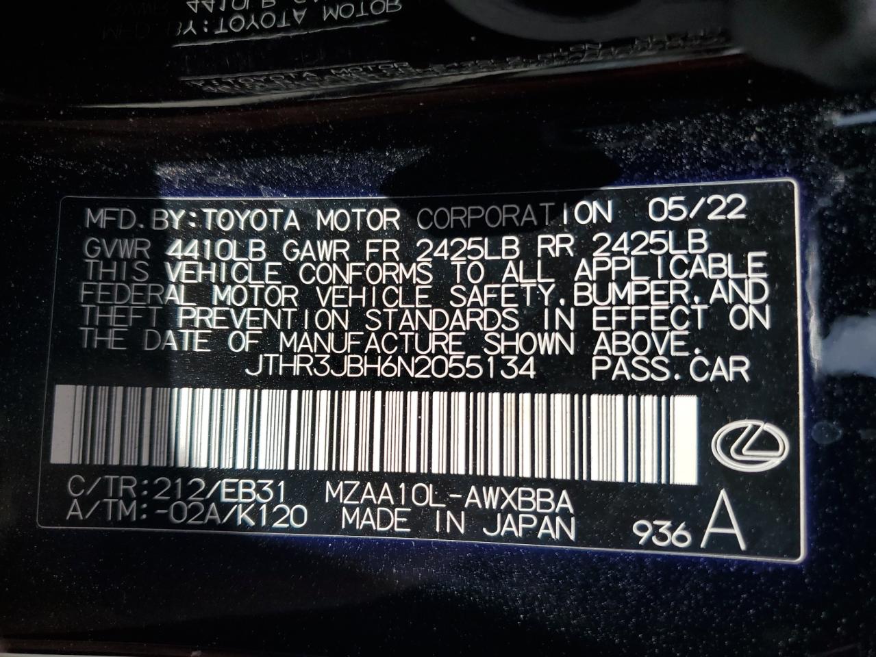 2022 Lexus Ux 200 Base VIN: JTHR3JBH6N2055134 Lot: 56577194