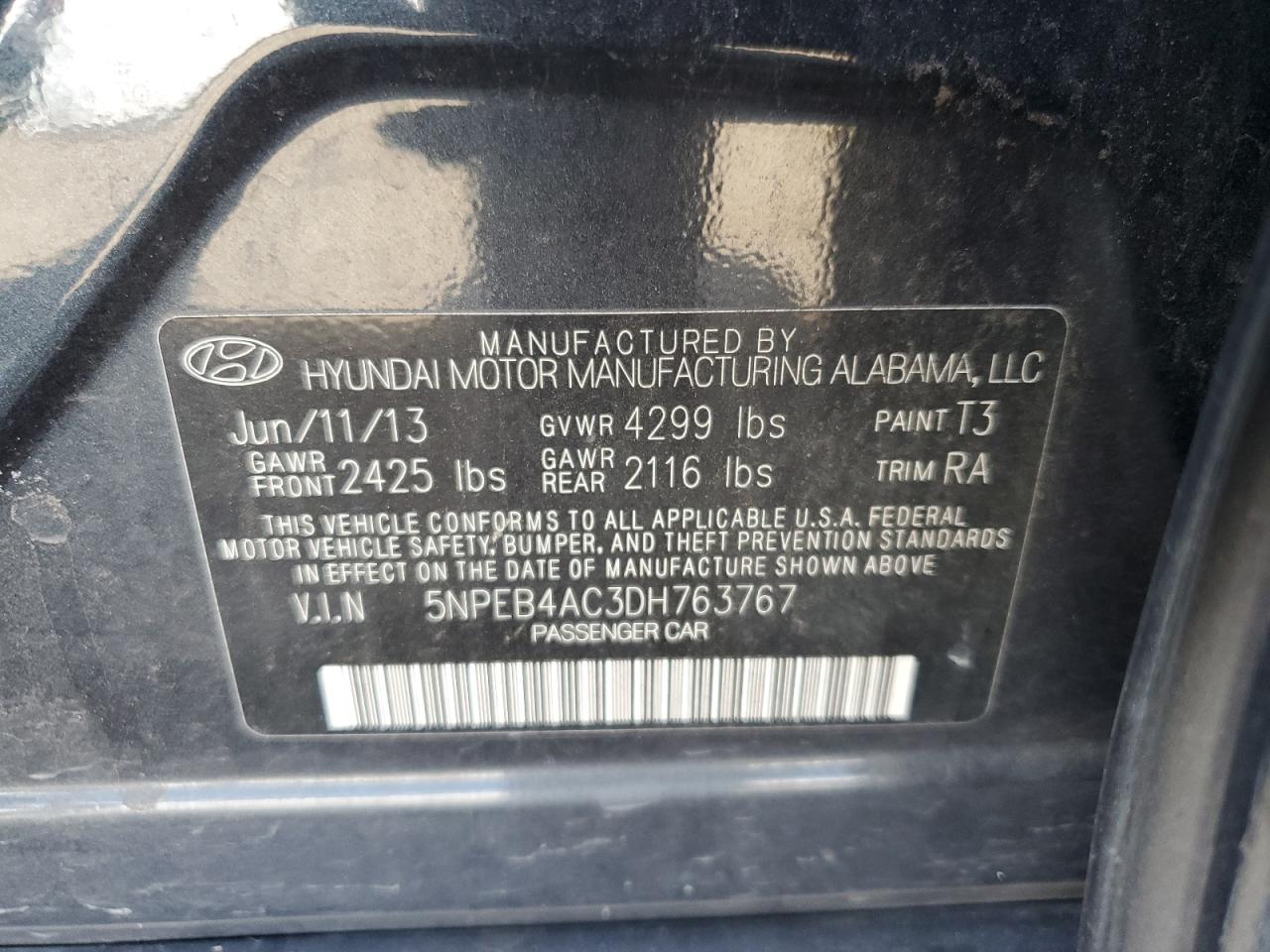 2013 Hyundai Sonata Gls VIN: 5NPEB4AC3DH763767 Lot: 61047564