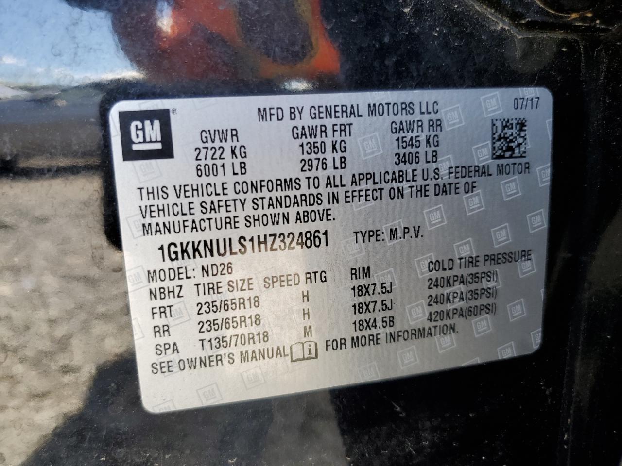 2017 GMC Acadia Slt-1 VIN: 1GKKNULS1HZ324861 Lot: 60600594