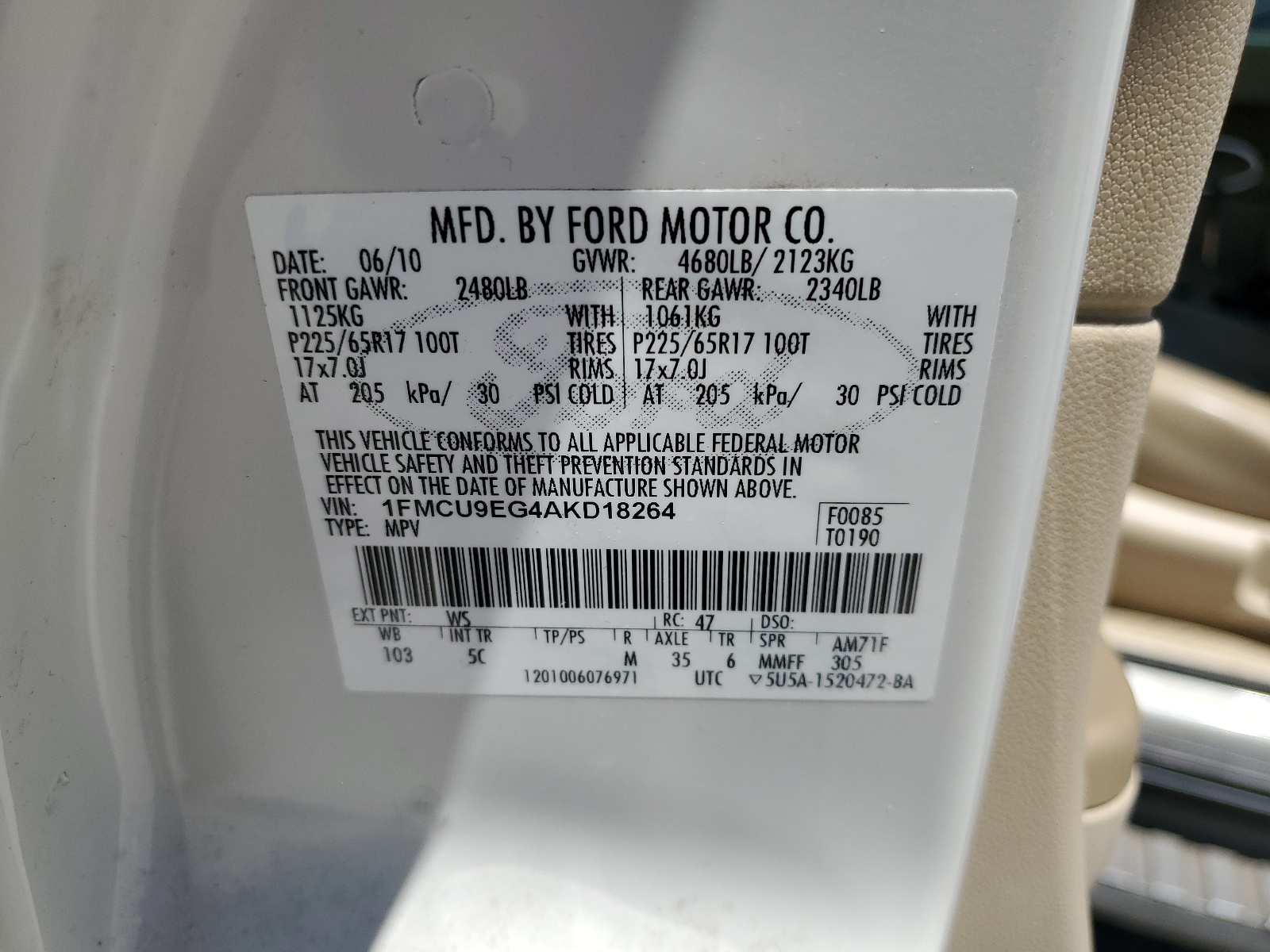 1FMCU9EG4AKD18264 2010 Ford Escape Limited