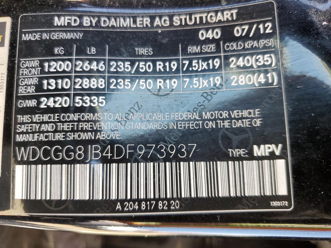 2013 Mercedes-Benz Glk 350 4Matic VIN: WDCGG8JB4DF973937 Lot: 61348384