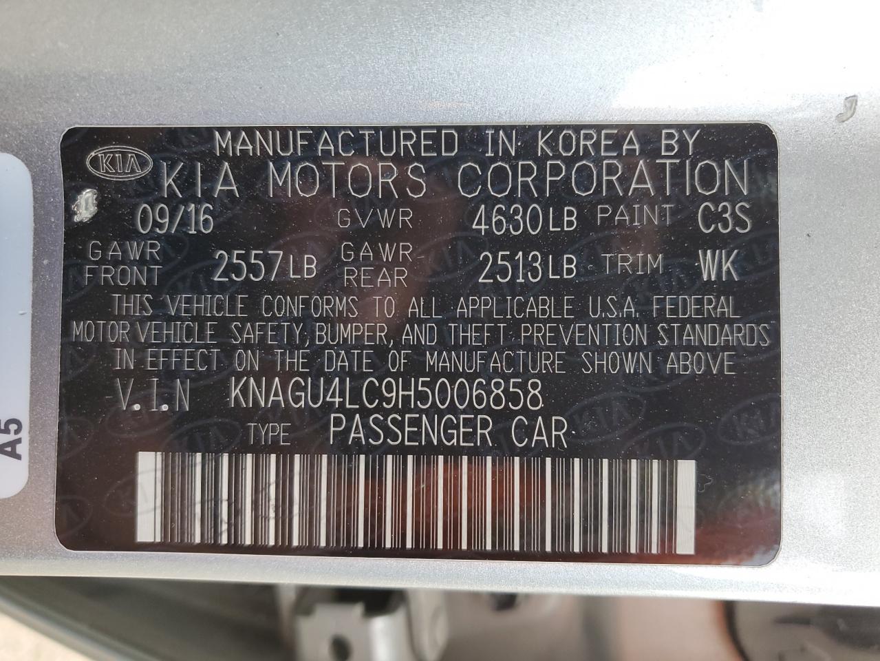 2017 Kia Optima Hybrid VIN: KNAGU4LC9H5006858 Lot: 58954334