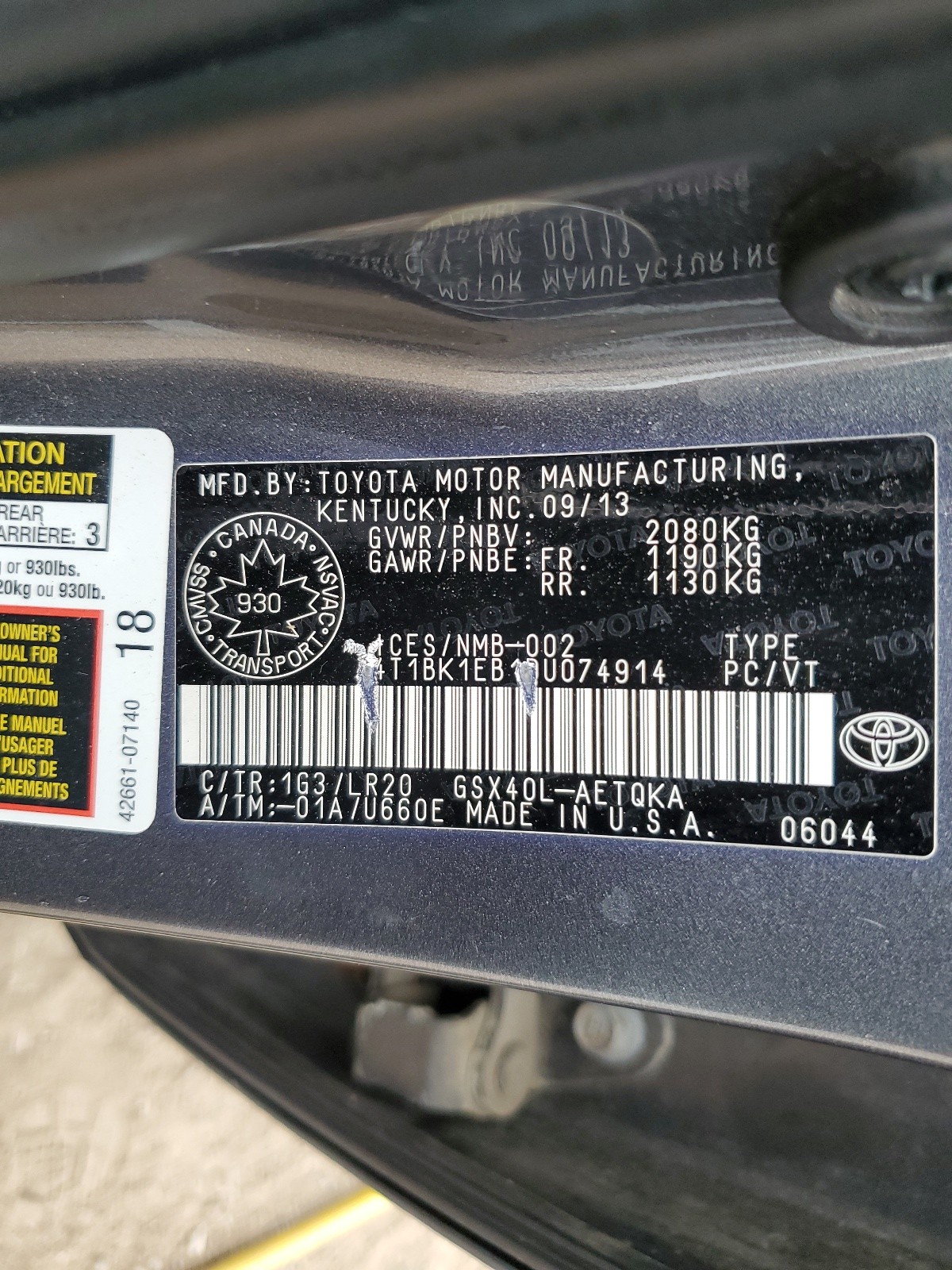 4T1BK1EB1DU074914 2013 Toyota Avalon Base
