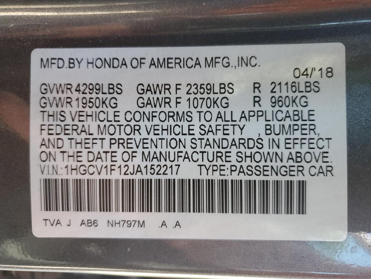 1HGCV1F12JA152217 2018 Honda Accord Lx