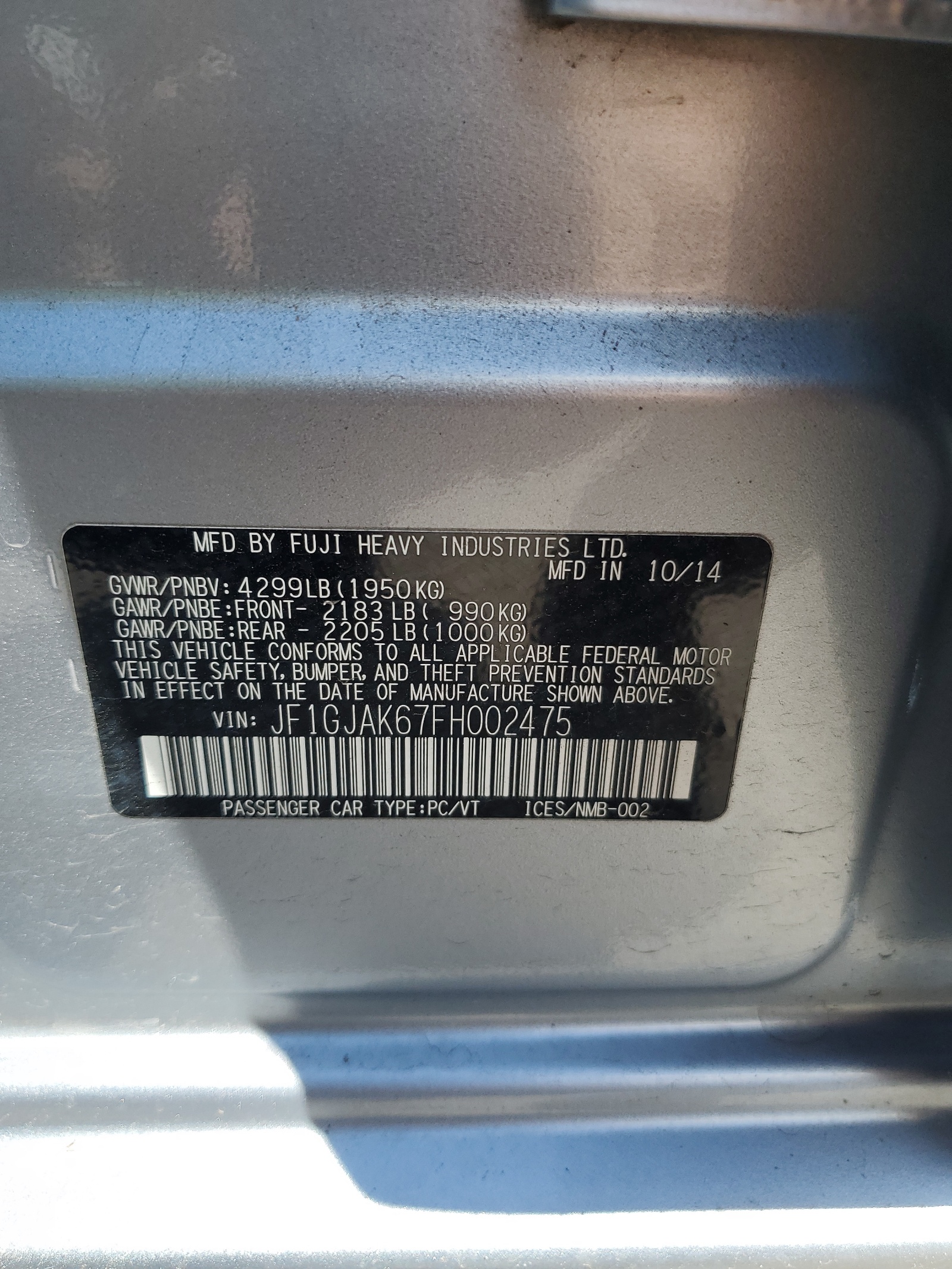 JF1GJAK67FH002475 2015 Subaru Impreza Premium Plus