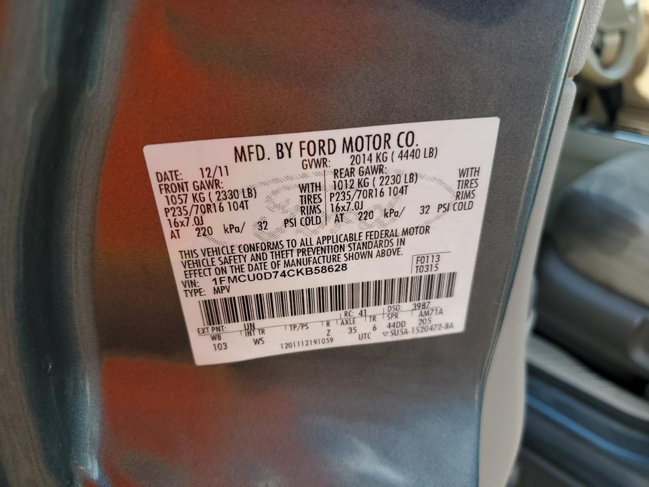 2012 Ford Escape Xlt VIN: 1FMCU0D74CKB58628 Lot: 58178384