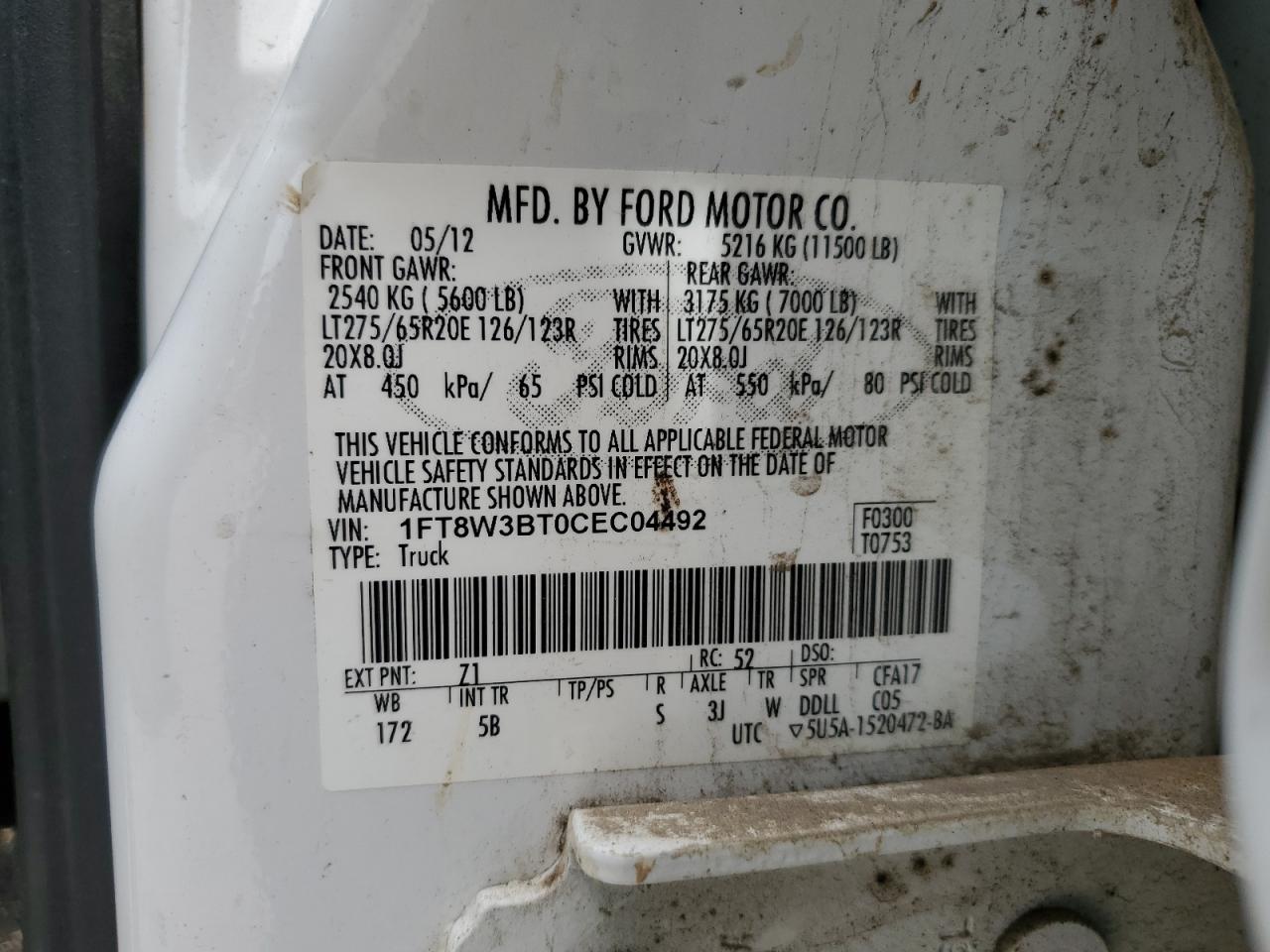 2012 Ford F350 Super Duty VIN: 1FT8W3BT0CEC04492 Lot: 60351914