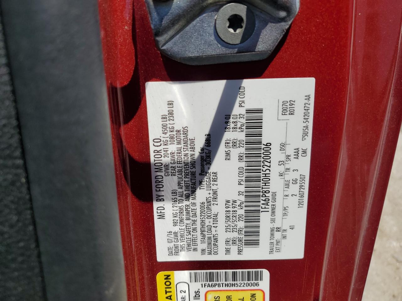 2017 Ford Mustang VIN: 1FA6P8TH0H5220006 Lot: 60281124