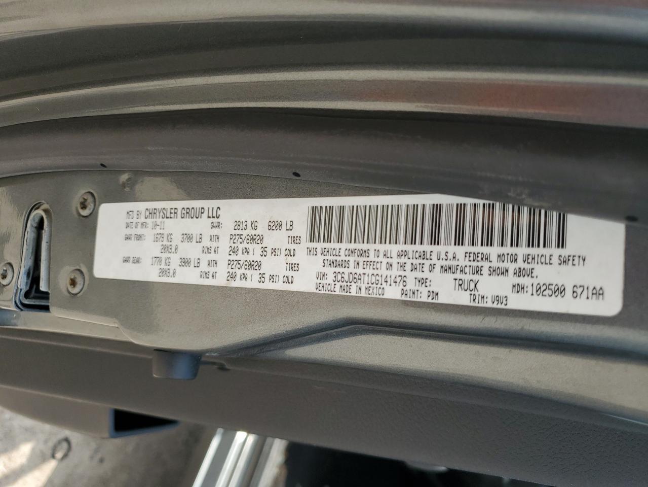 2012 Dodge Ram 1500 St VIN: 3C6JD6AT1CG141476 Lot: 57375234