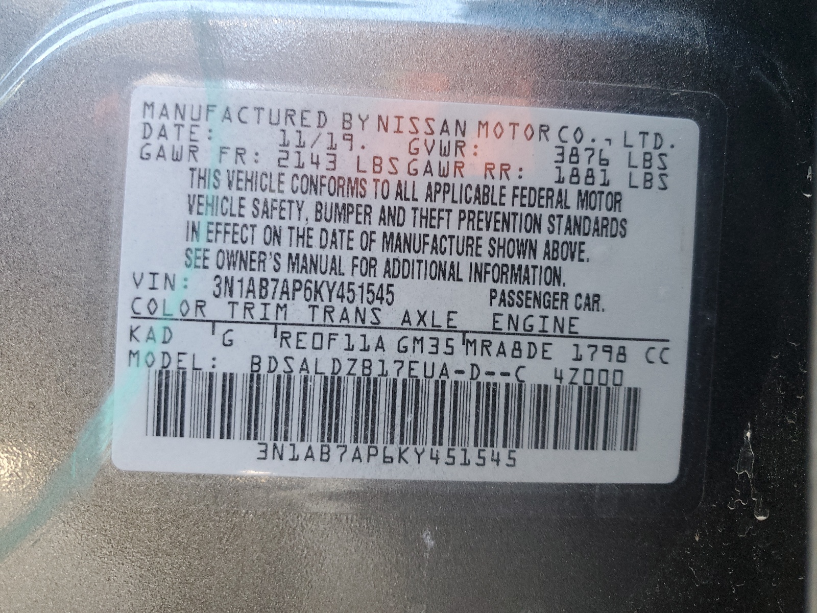 3N1AB7AP6KY451545 2019 Nissan Sentra S