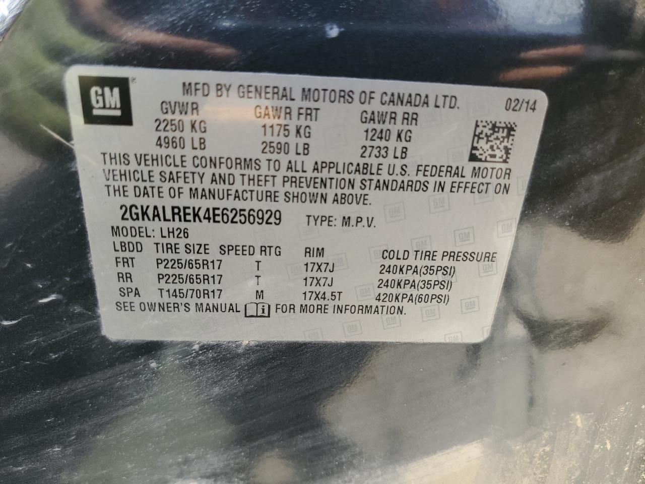 2014 GMC Terrain Sle VIN: 2GKALREK4E6256929 Lot: 59139934