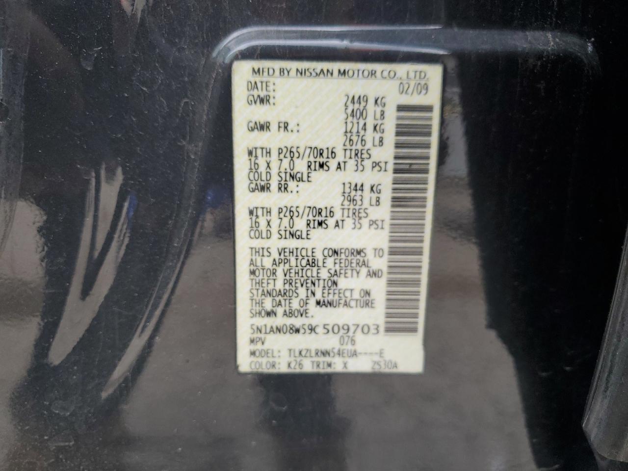 2009 Nissan Xterra Off Road VIN: 5N1AN08W59C509703 Lot: 57757644