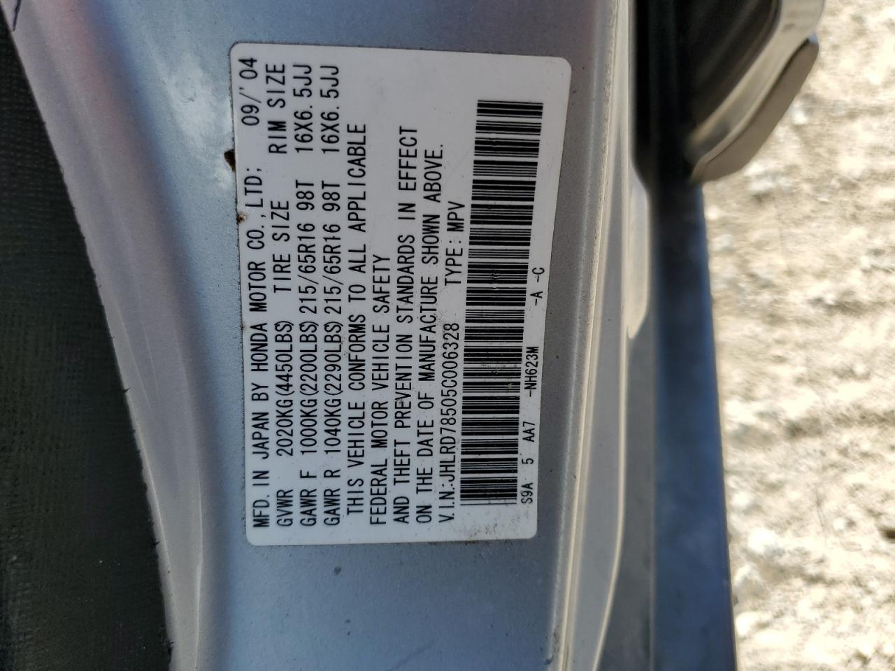 2005 Honda Cr-V Lx VIN: JHLRD78505C006328 Lot: 58972514