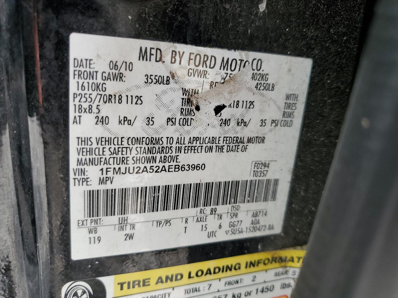 2010 Ford Expedition Limited VIN: 1FMJU2A52AEB63960 Lot: 57422054