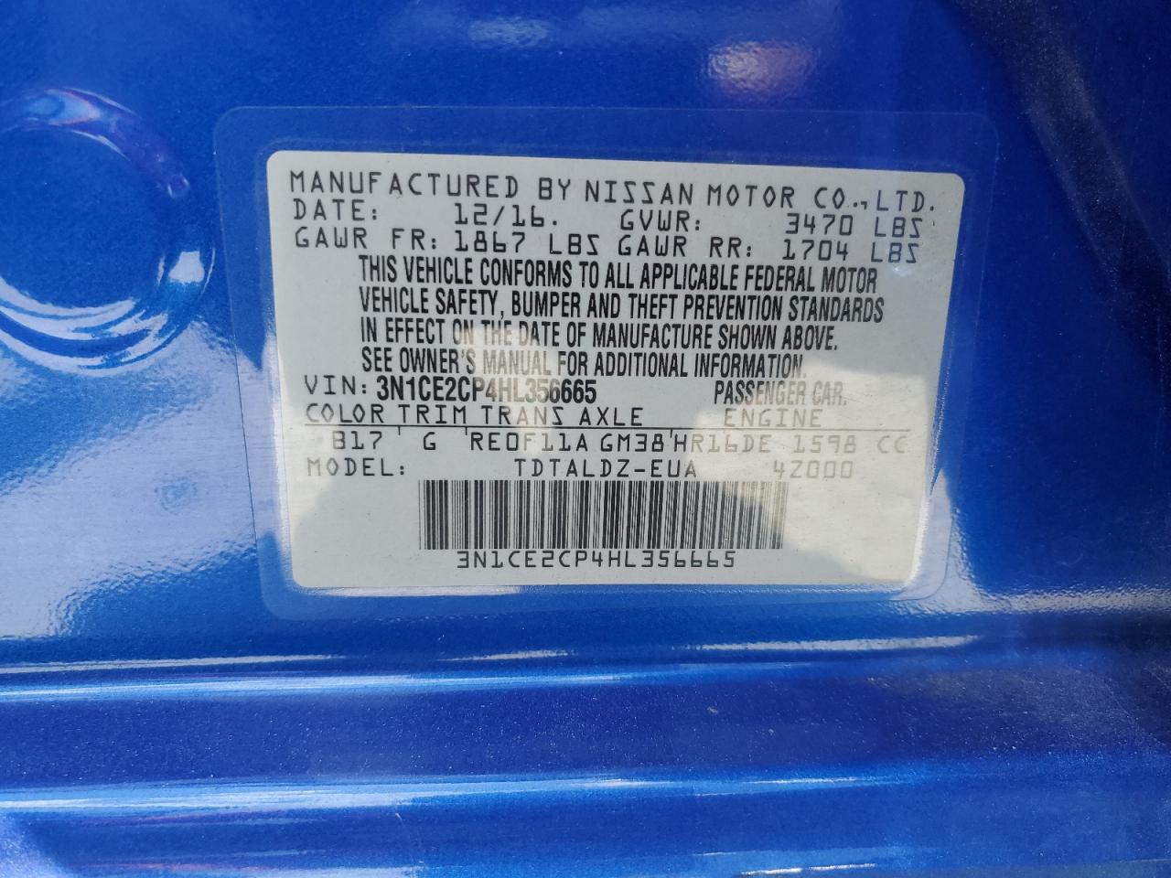 2017 Nissan Versa Note S VIN: 3N1CE2CP4HL356665 Lot: 57274164