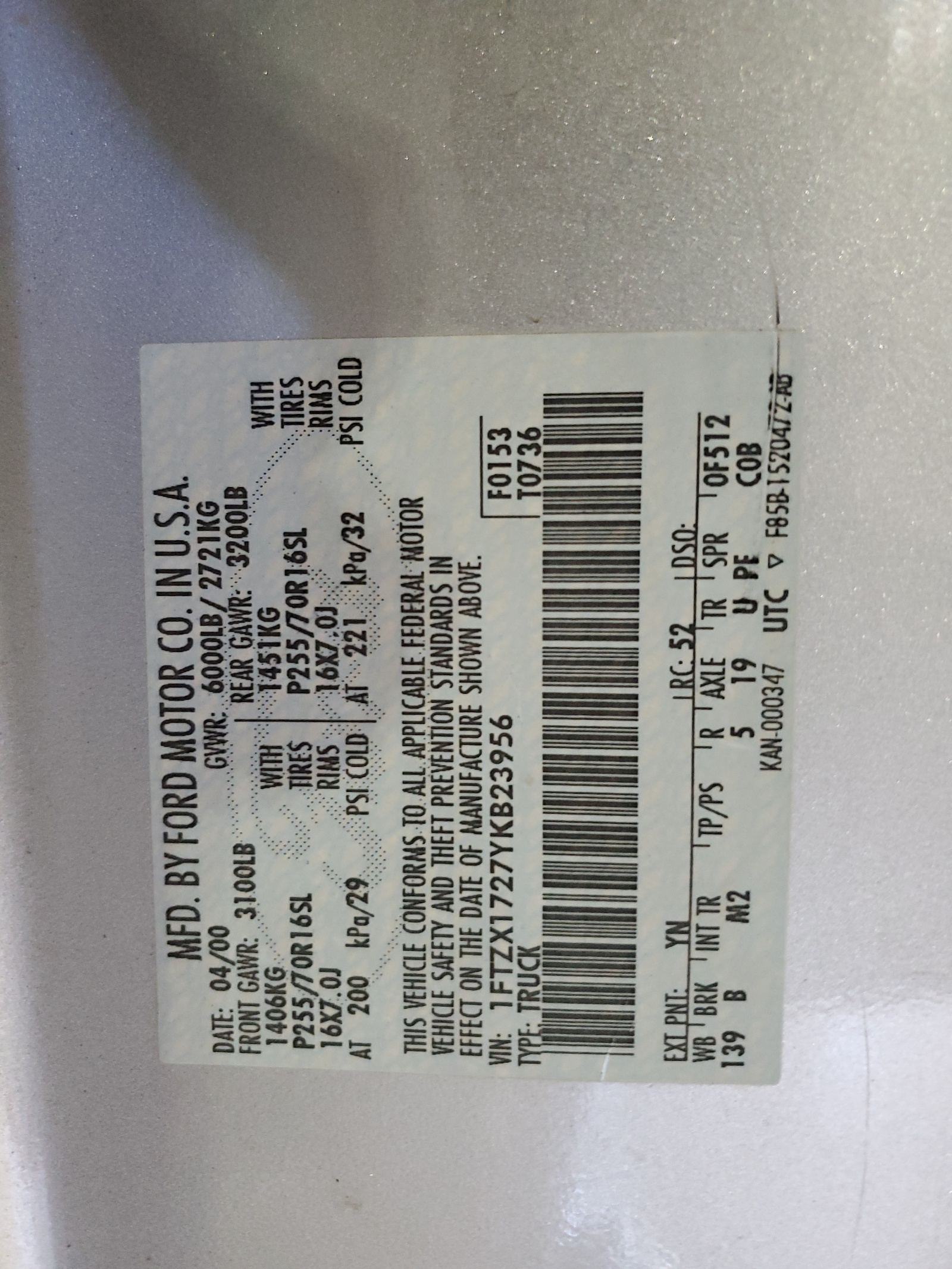 1FTZX1727YKB23956 2000 Ford F150