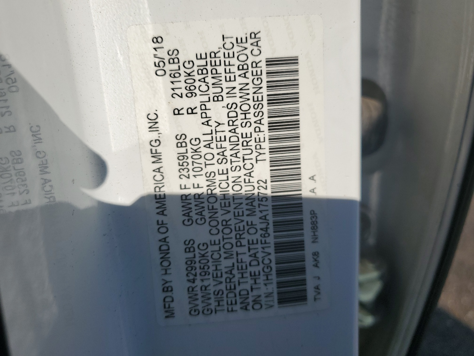 2018 Honda Accord Exl vin: 1HGCV1F64JA175722