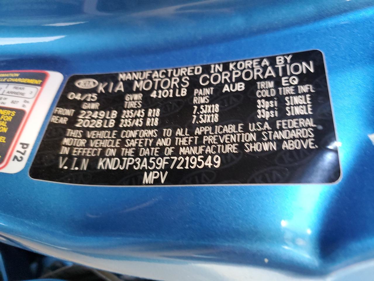 2015 Kia Soul + VIN: KNDJP3A59F7219549 Lot: 58444414