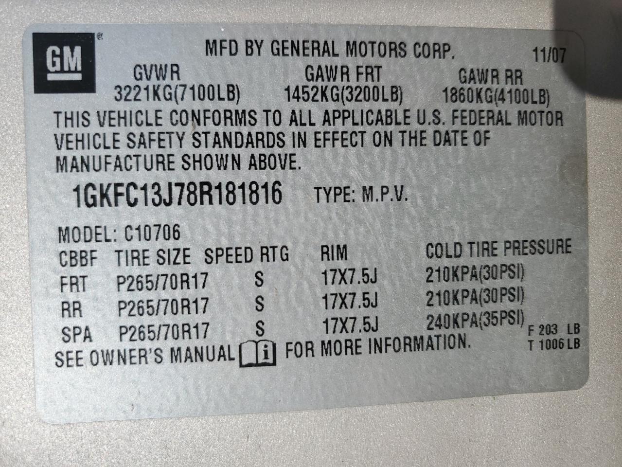 2008 GMC Yukon VIN: 1GKFC13J78R181816 Lot: 60829604