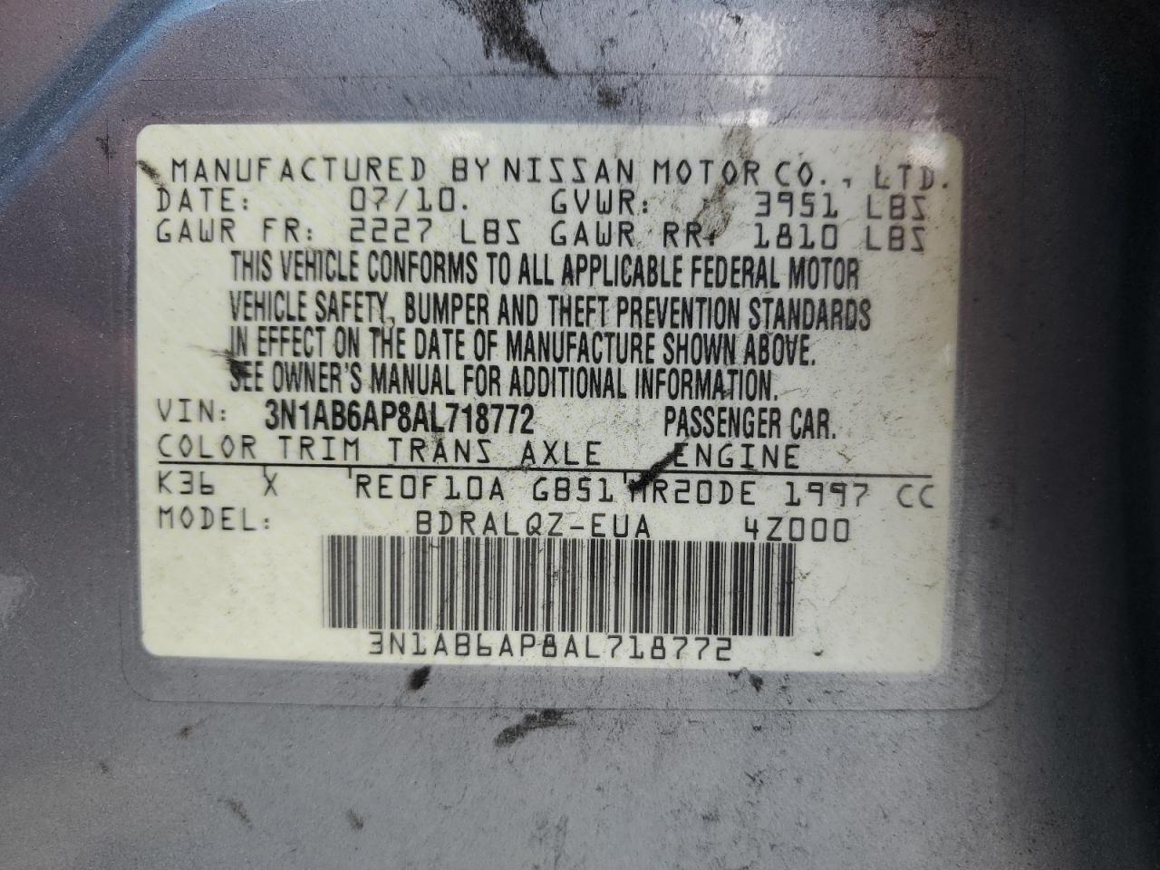 3N1AB6AP8AL718772 2010 Nissan Sentra 2.0