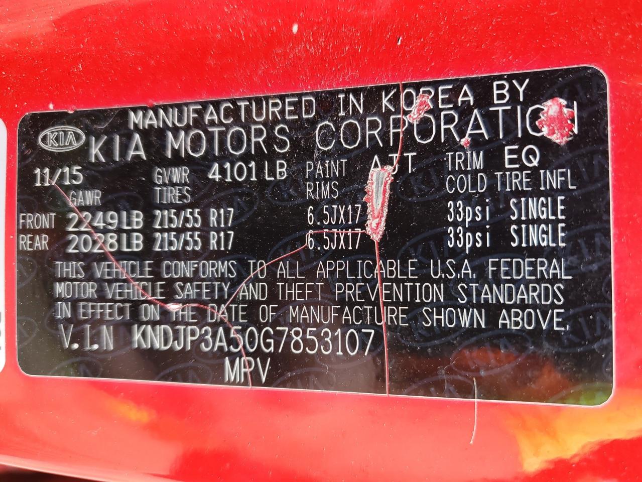 2016 Kia Soul + VIN: KNDJP3A50G7853107 Lot: 58493634