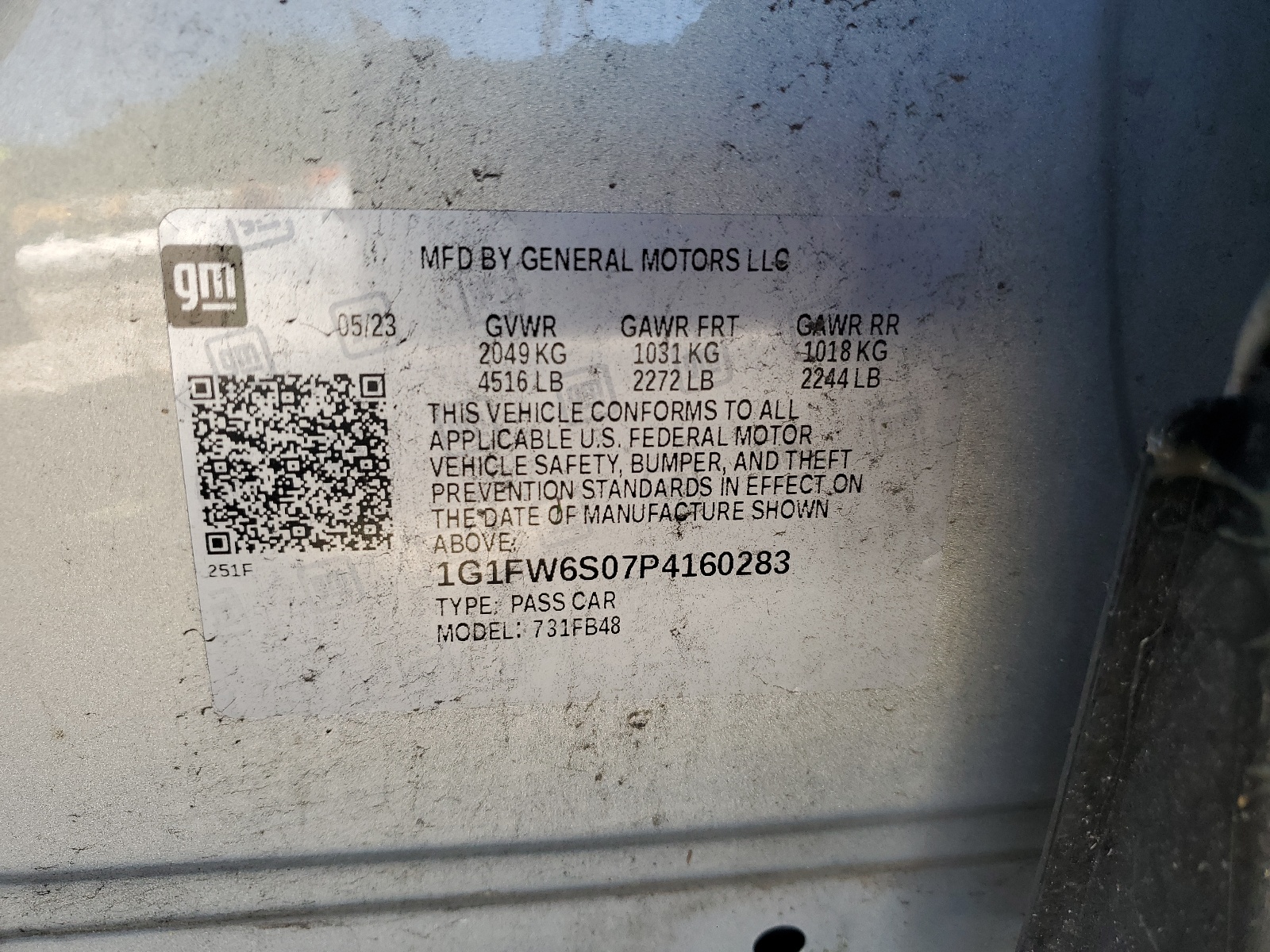 1G1FW6S07P4160283 2023 Chevrolet Bolt Ev 1Lt