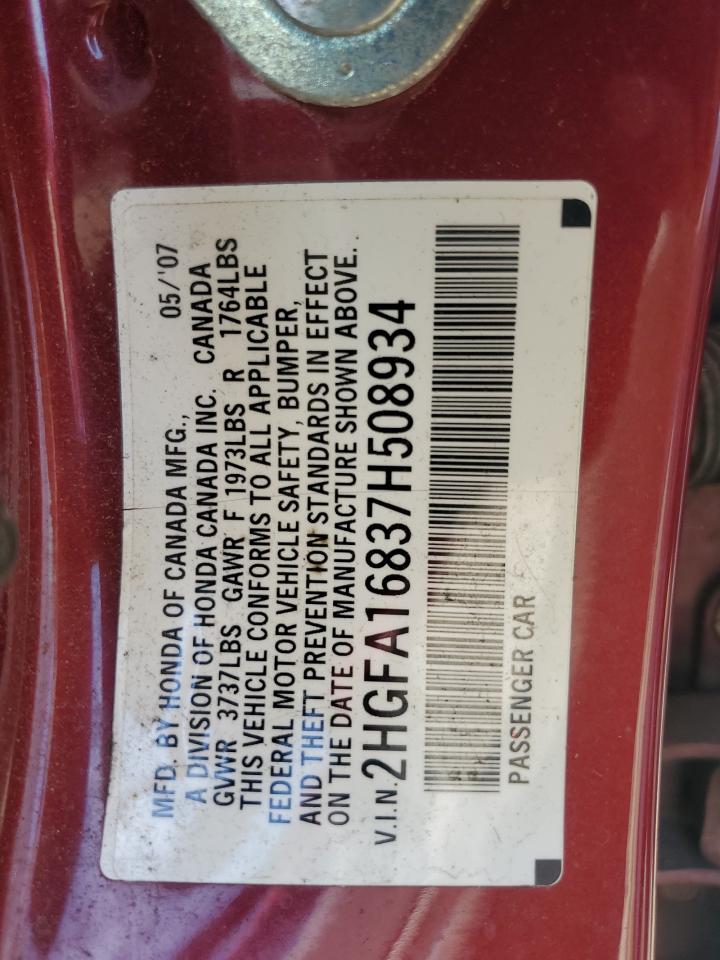 2007 Honda Civic Ex VIN: 2HGFA16837H508934 Lot: 59332074