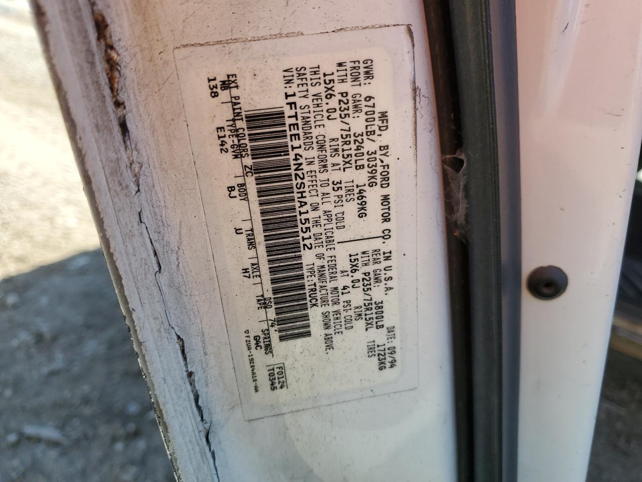 1995 Ford Econoline E150 Van VIN: 1FTEE14N2SHA15512 Lot: 60766424