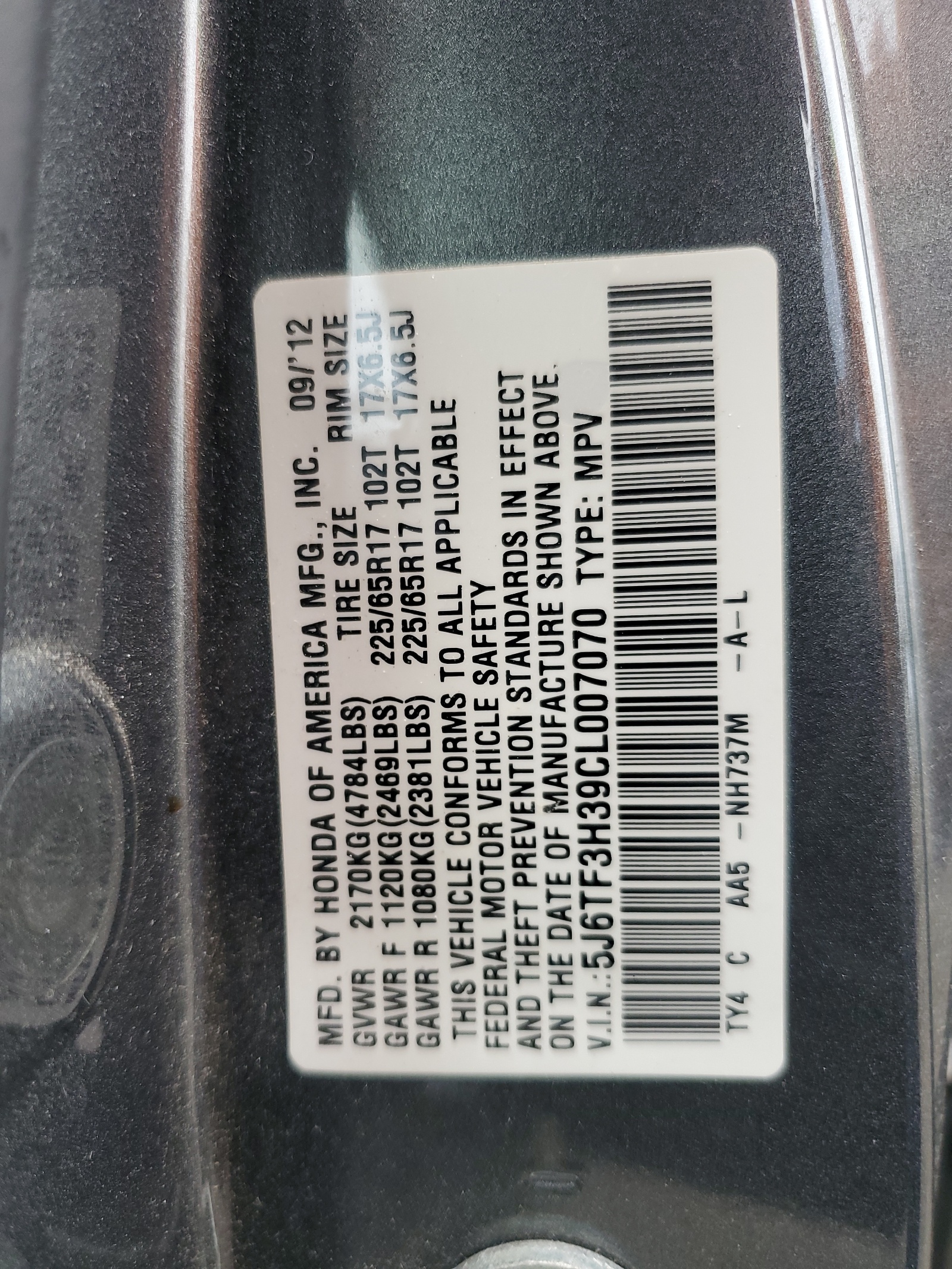 5J6TF3H39CL007070 2012 Honda Crosstour Ex