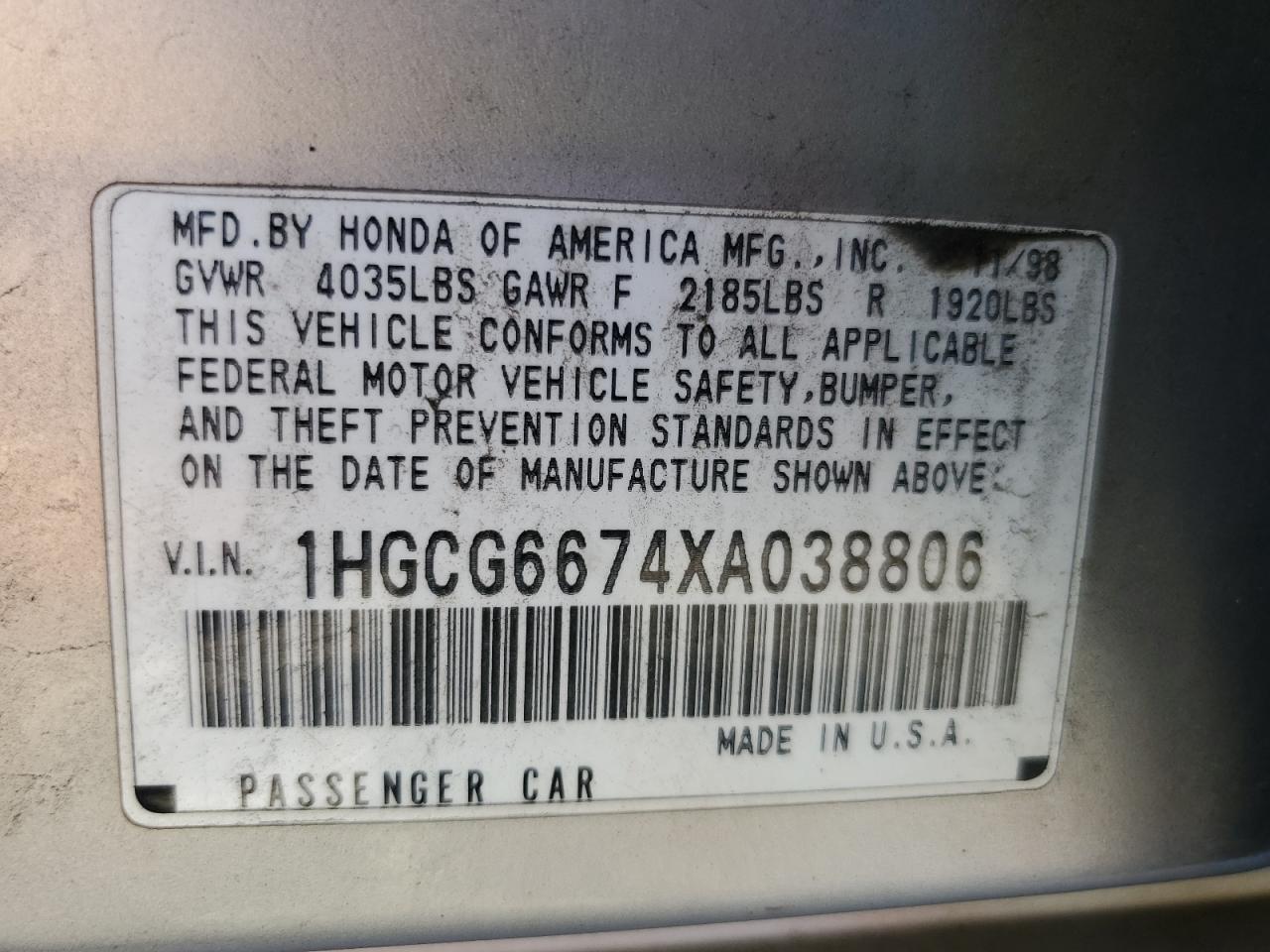 1HGCG6674XA038806 1999 Honda Accord Ex