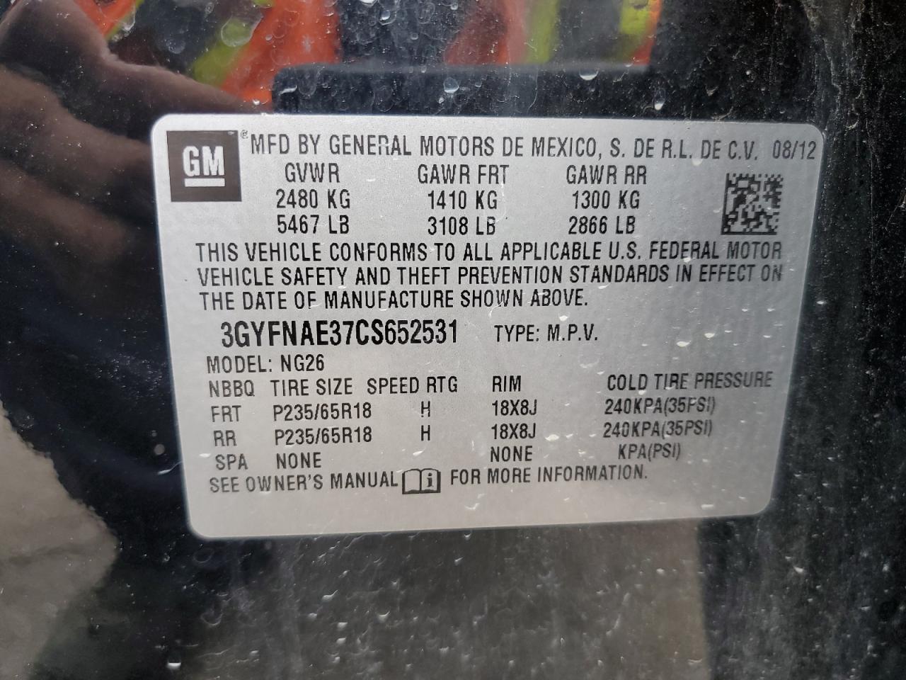 2012 Cadillac Srx Luxury Collection VIN: 3GYFNAE37CS652531 Lot: 60627424