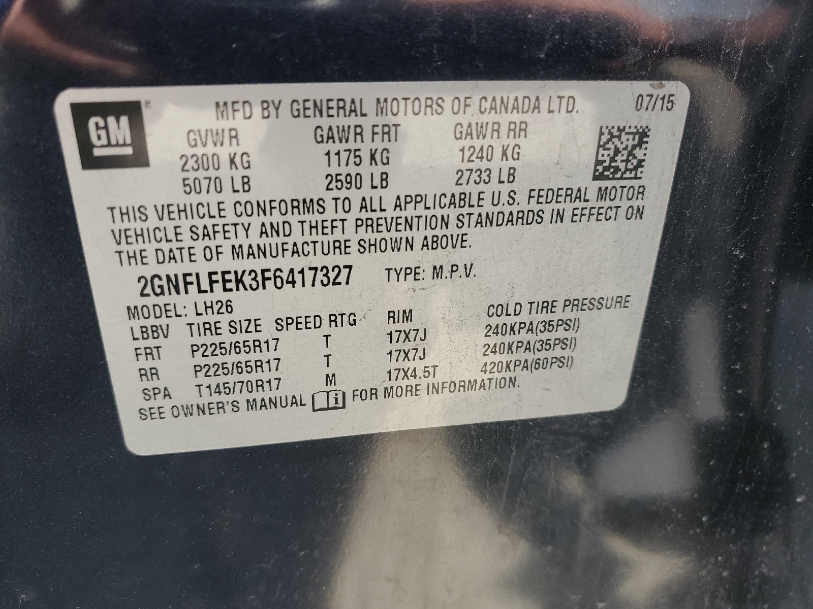 2GNFLFEK3F6417327 2015 Chevrolet Equinox Lt