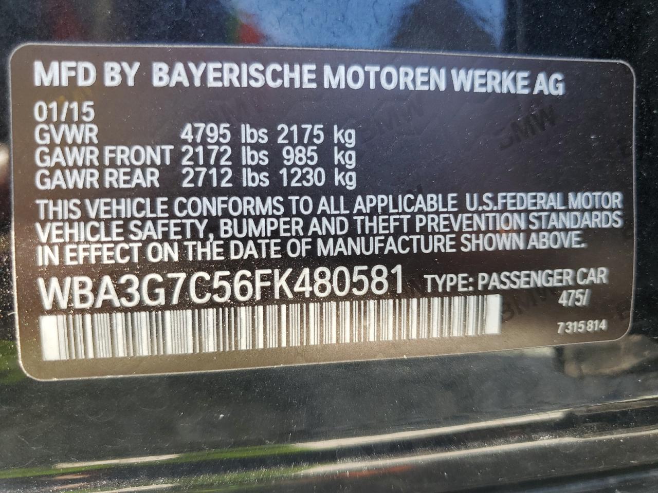 2015 BMW 328 Xi VIN: WBA3G7C56FK480581 Lot: 61115344