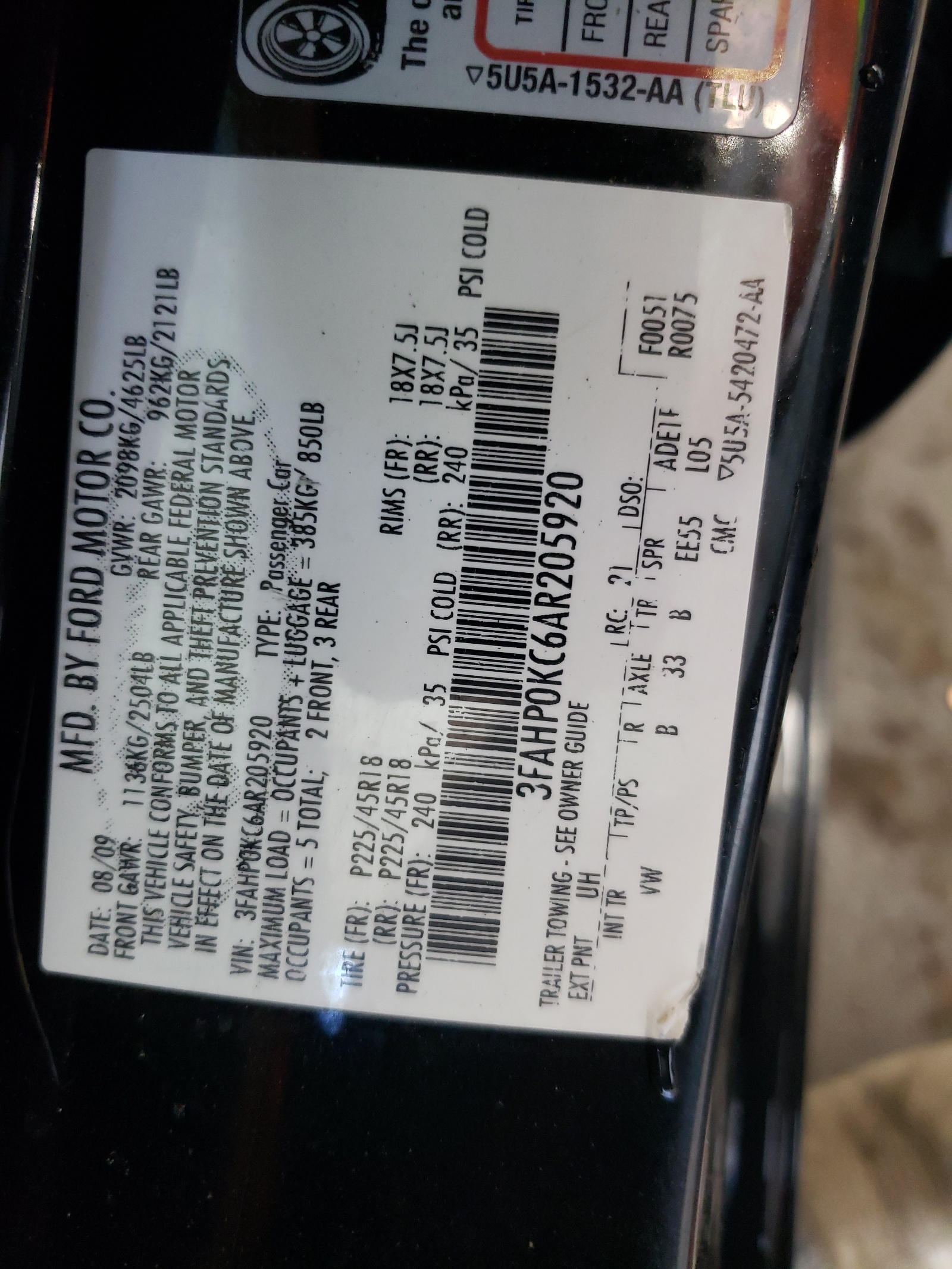 3FAHP0KC6AR205920 2010 Ford Fusion Sport