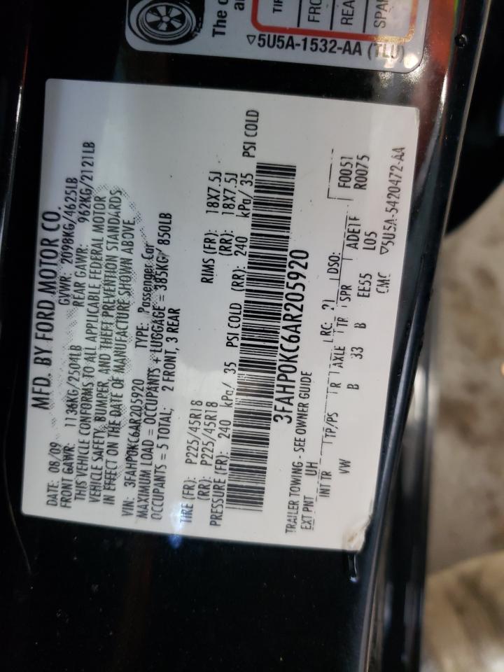 2010 Ford Fusion Sport VIN: 3FAHP0KC6AR205920 Lot: 58475614