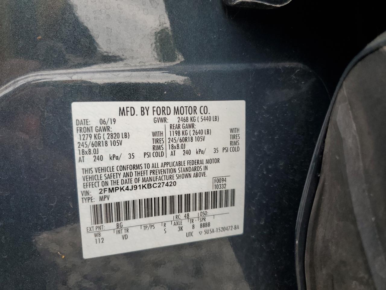 2019 Ford Edge Sel VIN: 2FMPK4J91KBC27420 Lot: 60252044