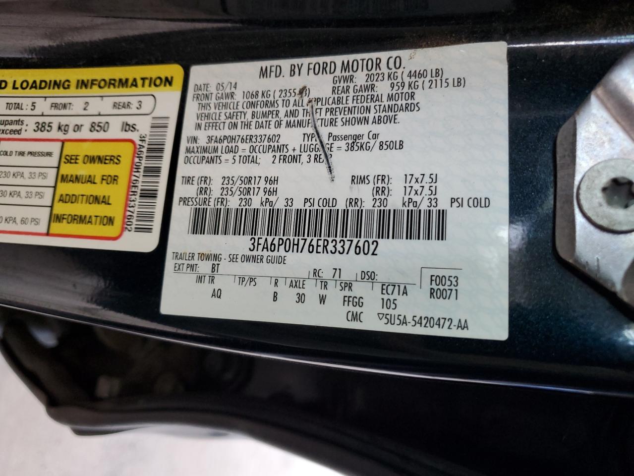2014 Ford Fusion Se VIN: 3FA6P0H76ER337602 Lot: 60512134