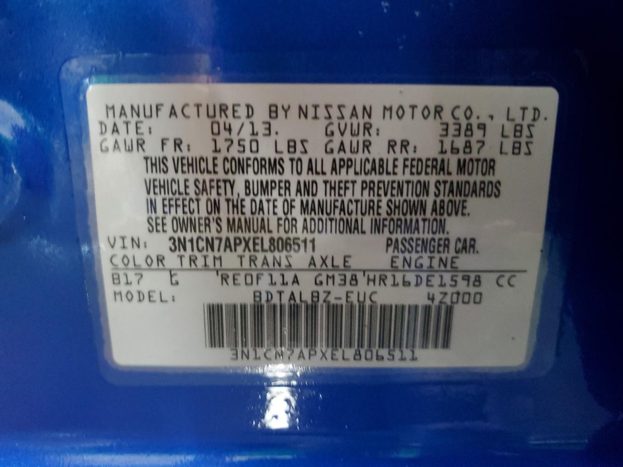 2014 Nissan Versa S VIN: 3N1CN7APXEL806511 Lot: 58163144