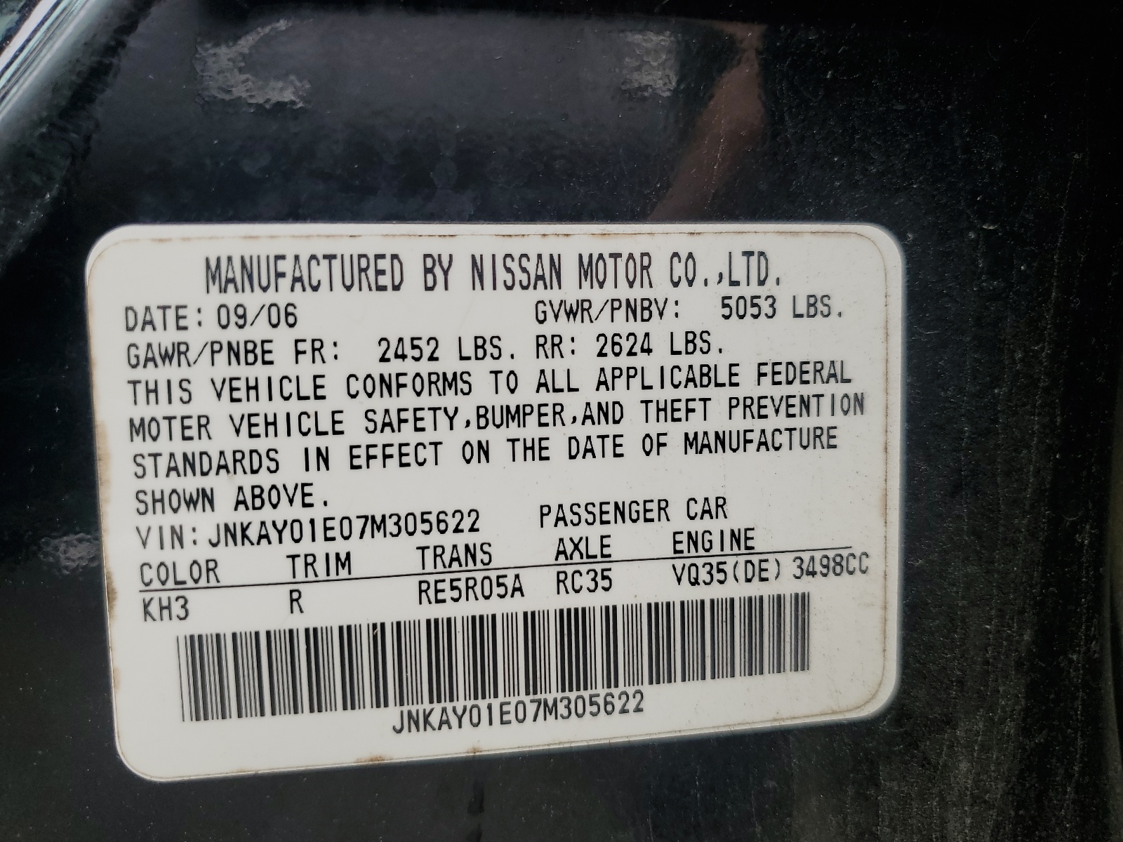 JNKAY01E07M305622 2007 Infiniti M35 Base