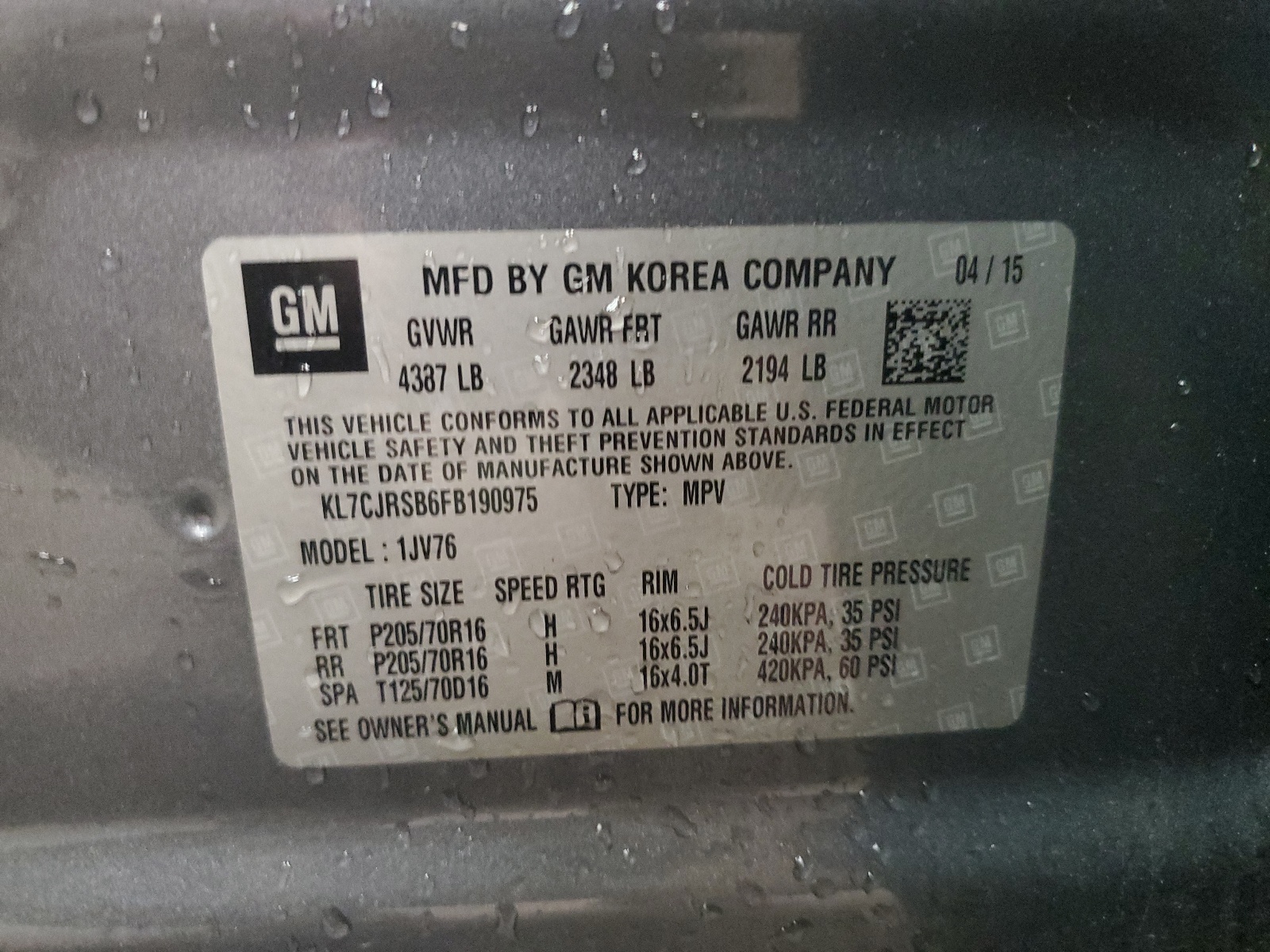 KL7CJRSB6FB190975 2015 Chevrolet Trax 1Lt