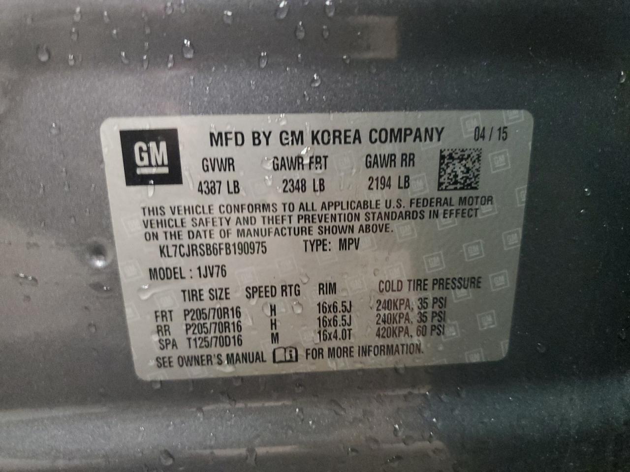 2015 Chevrolet Trax 1Lt VIN: KL7CJRSB6FB190975 Lot: 60729444