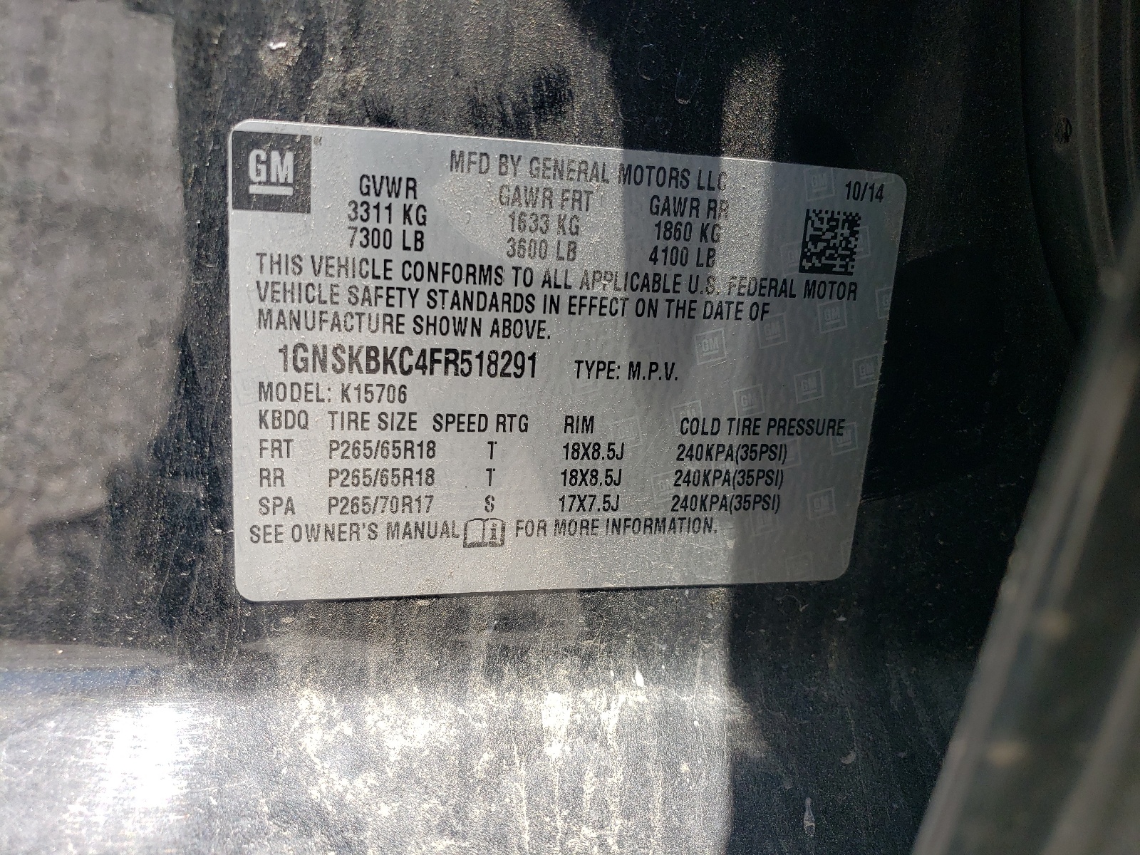 1GNSKBKC4FR518291 2015 Chevrolet Tahoe K1500 Lt