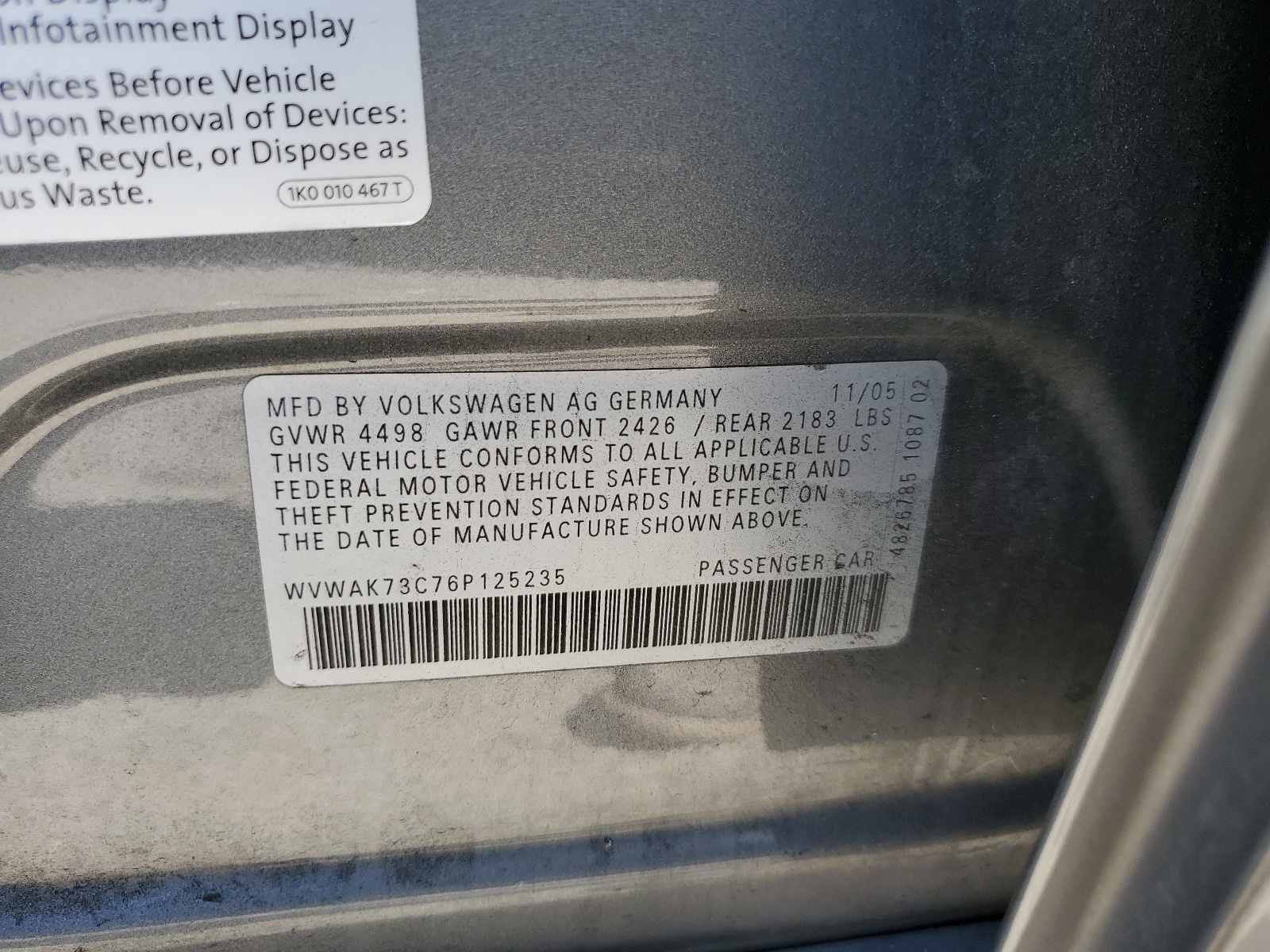 WVWAK73C76P125235 2006 Volkswagen Passat 2.0T