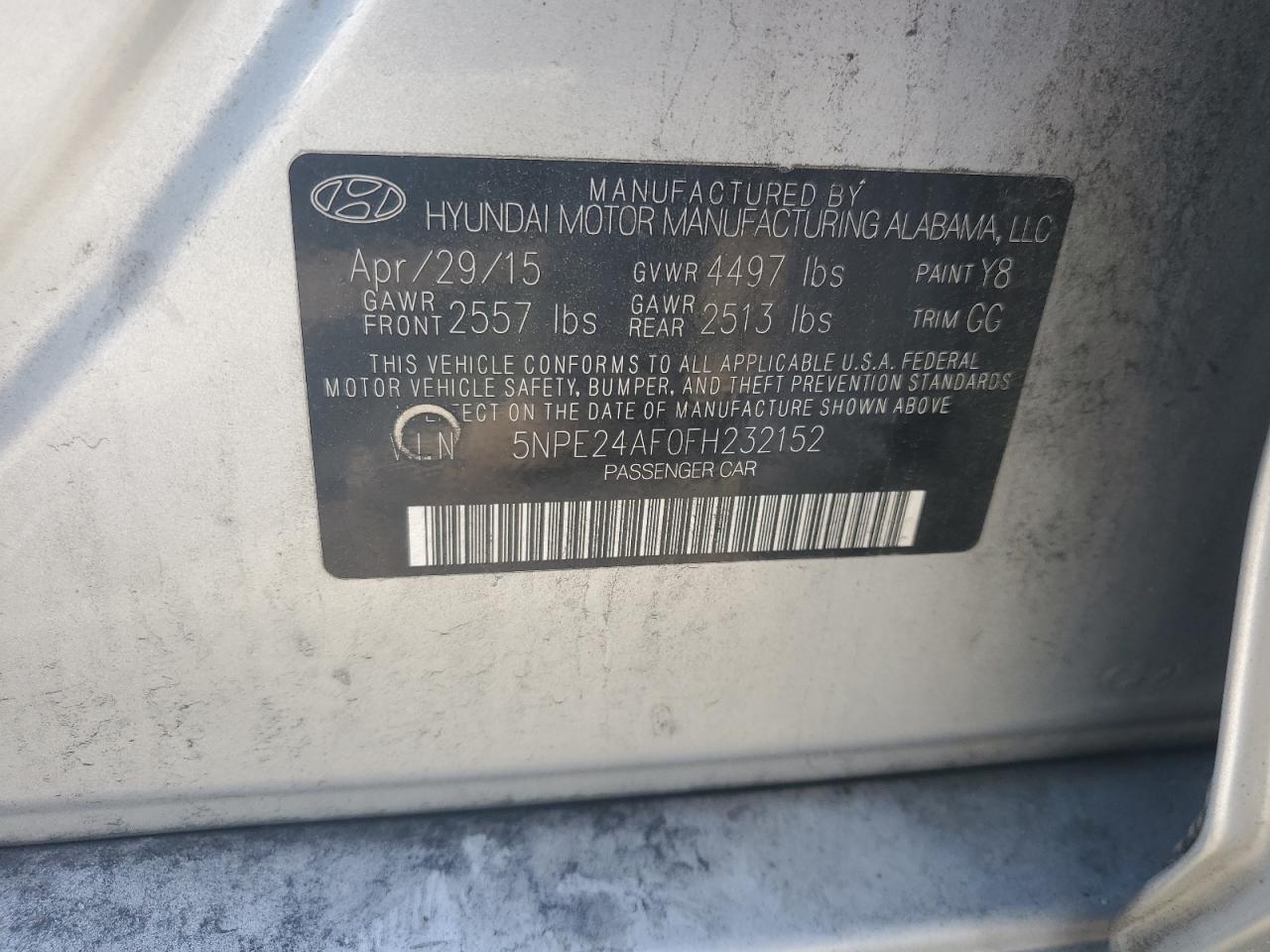 2015 Hyundai Sonata Se VIN: 5NPE24AF0FH232152 Lot: 59007094