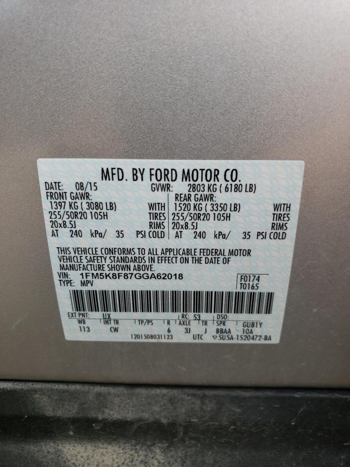 2016 Ford Explorer Limited VIN: 1FM5K8F87GGA62018 Lot: 59944074