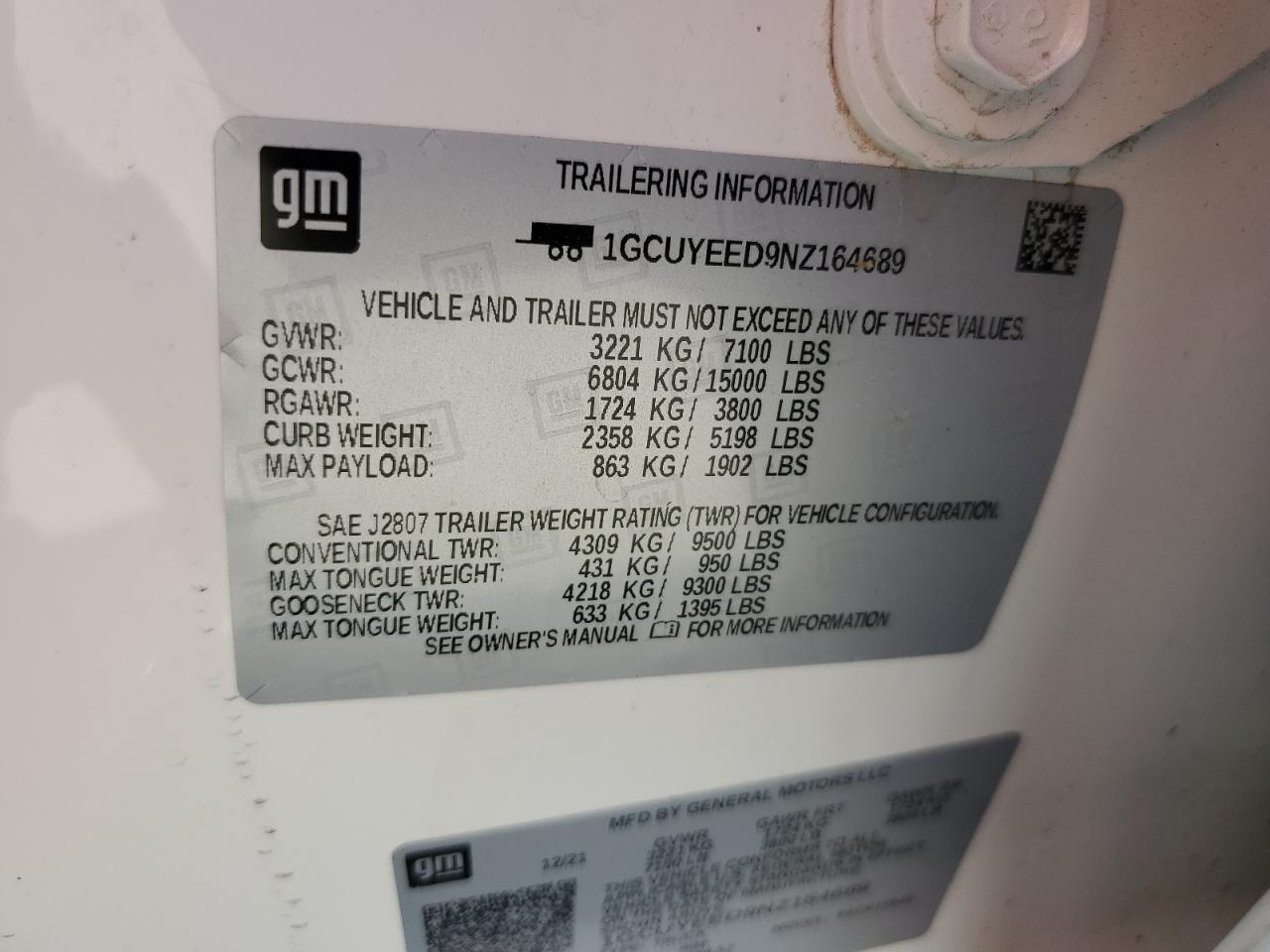 2022 Chevrolet Silverado Ltd K1500 Rst VIN: 1GCUYEED9NZ164689 Lot: 60609334